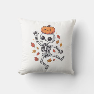 Cute Halloween Dancing Skeleton with Pumpkin Head Cushion