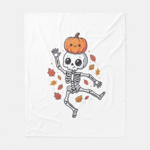 Cute Halloween Dancing Skeleton with Pumpkin Head Fleece Blanket