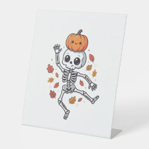 Cute Halloween Dancing Skeleton with Pumpkin Head Pedestal Sign