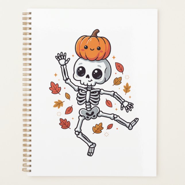 Cute Halloween Dancing Skeleton with Pumpkin Head Planner (Front)