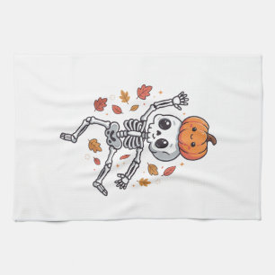 Cute Halloween Dancing Skeleton with Pumpkin Head Tea Towel