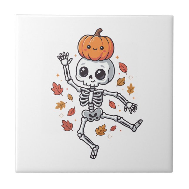 Cute Halloween Dancing Skeleton with Pumpkin Head Tile (Front)