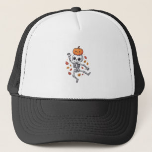 Cute Halloween Dancing Skeleton with Pumpkin Head Trucker Hat