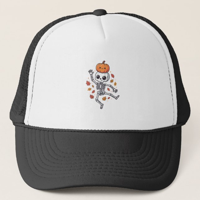 Cute Halloween Dancing Skeleton with Pumpkin Head Trucker Hat (Front)