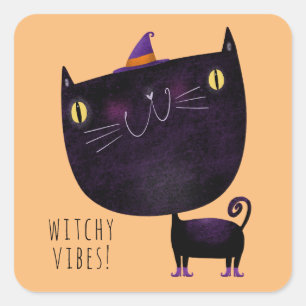 Cute Halloween Decoration Black Cat Witch Square Sticker