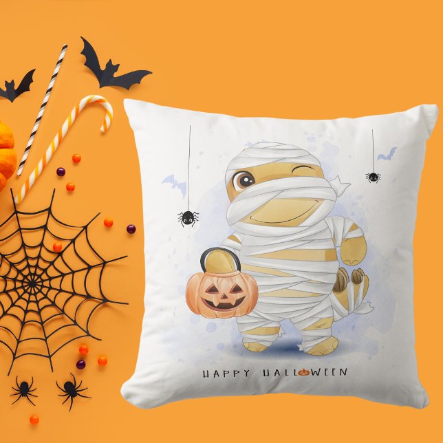 Cute Halloween Dinosaur Disguised as Mummy Pumpkin Cushion (Creator Uploaded)