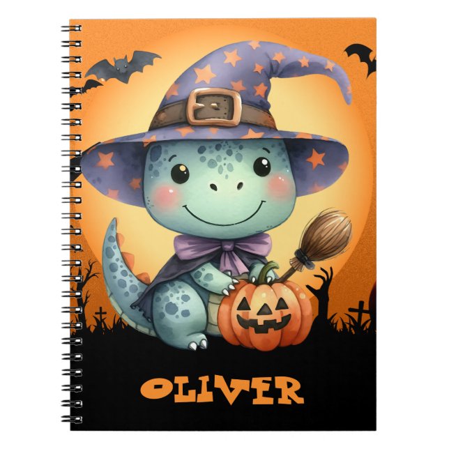 Cute Halloween Dinosaur Wearing a Witch Hat Notebook (Front)