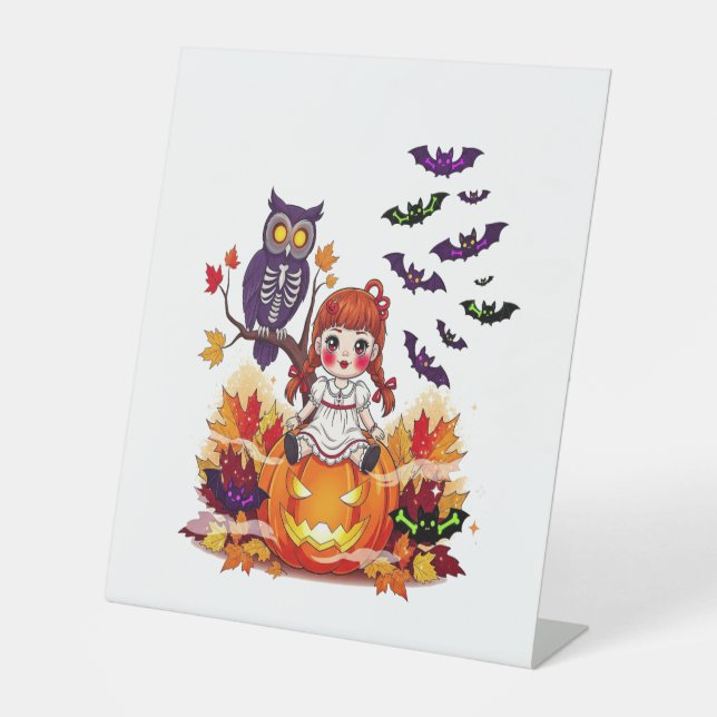 Cute Halloween Doll Owl Pedestal Sign (Front)