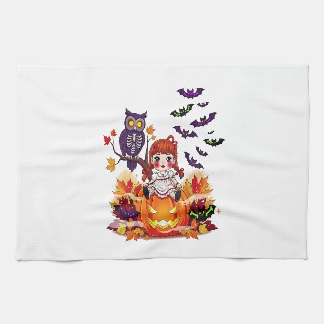 Cute Halloween Doll Owl Tea Towel (Horizontal)