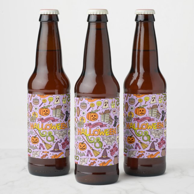 Cute Halloween Doodle Pattern Beer Bottle Label (Bottles)