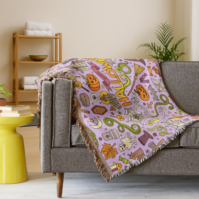 Cute Halloween Doodle Pattern Throw Blanket (Creator Uploaded)