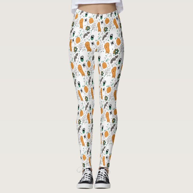 Cute Halloween Doodle Pumpkin Spider Ghost Leggings (Front)
