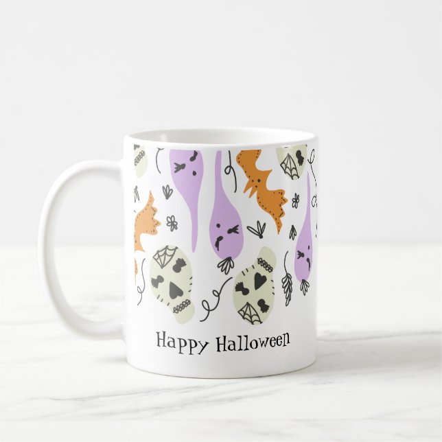 Cute Halloween Doodles Pumpkin Skull Bat Coffee Mug (Left)