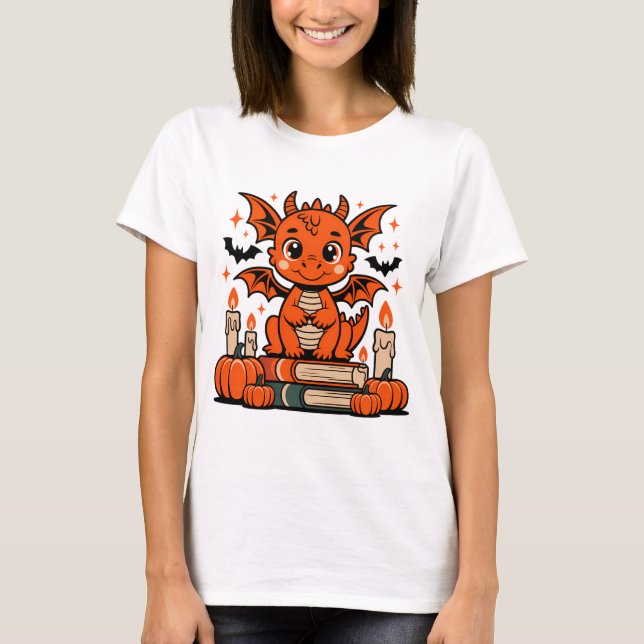 Cute Halloween Dragon with Books T-Shirt (Front)