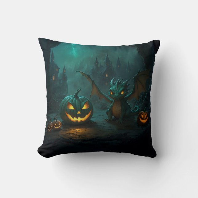 Cute Halloween Dragon with Scary Pumpkins Cushion (Front)