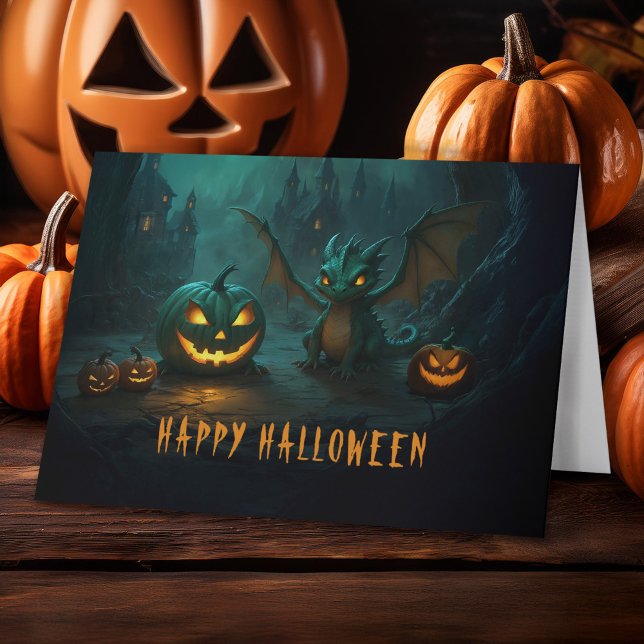 Cute  Halloween Dragon with Scary Pumpkins Holiday Card (Creator Uploaded)