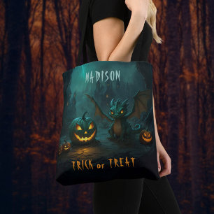 Cute Halloween Dragon with Scary Pumpkins Name Tote Bag