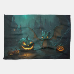 Cute Halloween Dragon with Scary Pumpkins Tea Towel