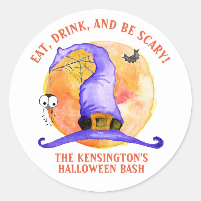 Cute Halloween Eat Drink Be Scary Purple Witch Hat Classic Round Sticker (Front)