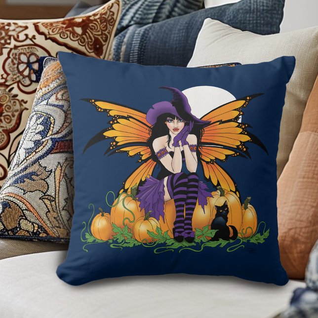 Cute Halloween Fairy Pumpkin Patch Black Cat Cushion (Creator Uploaded)