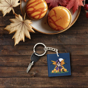 Cute Halloween Fairy Pumpkin Patch Black Cat Key Ring