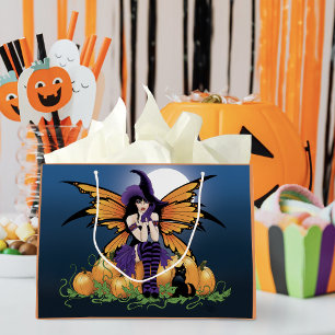 Cute Halloween Fairy Pumpkin Patch Black Cat Large Gift Bag
