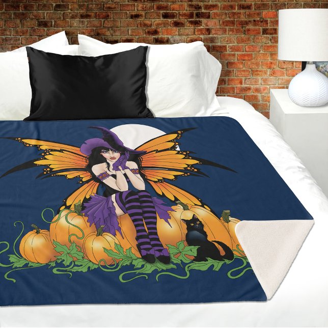 Cute Halloween Fairy Pumpkin Patch Black Cat Sherpa Blanket (Creator Uploaded)