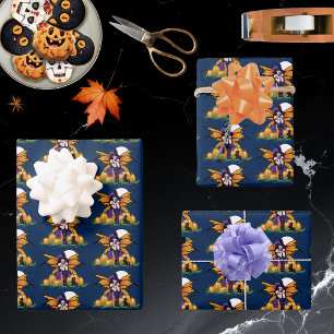 Cute Halloween Fairy Pumpkin Patch Black Cat Wrapping Paper Sheet