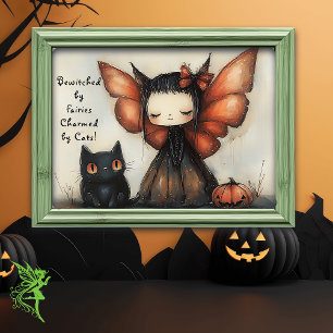 Cute Halloween Fairy with Cat & Pumpkin Fantasy Poster