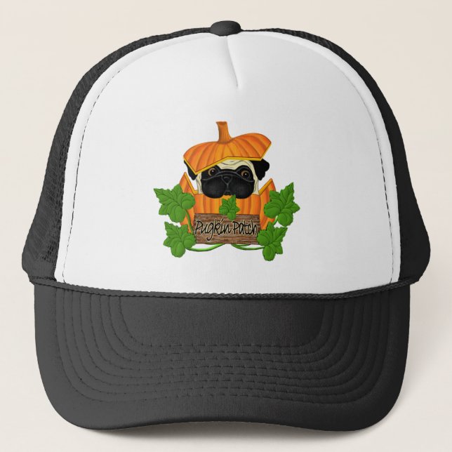 Cute Halloween Fall Pug Pugkin Pumpkin Patch Trucker Hat (Front)