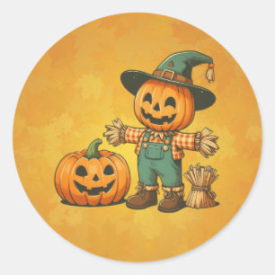Cute Halloween/Fall scarecrow and pumpkin Classic Round Sticker