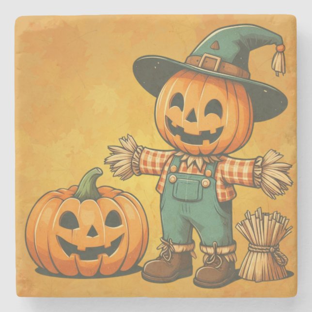 Cute Halloween/Fall scarecrow and pumpkin Stone Coaster (Front)