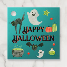 Cute Halloween Favour Tags Teal Ghost Cat Party