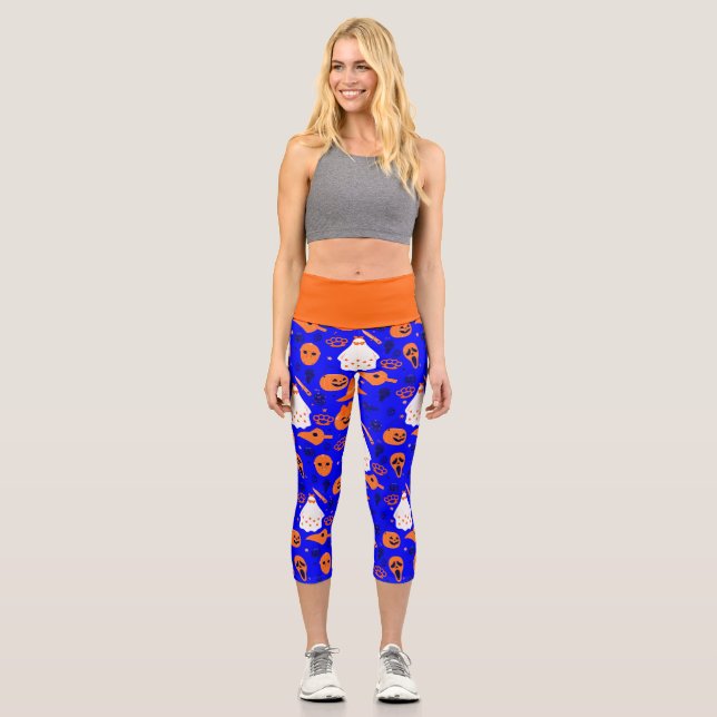 cute halloween floral ghost blue orange capri leggings (Front)