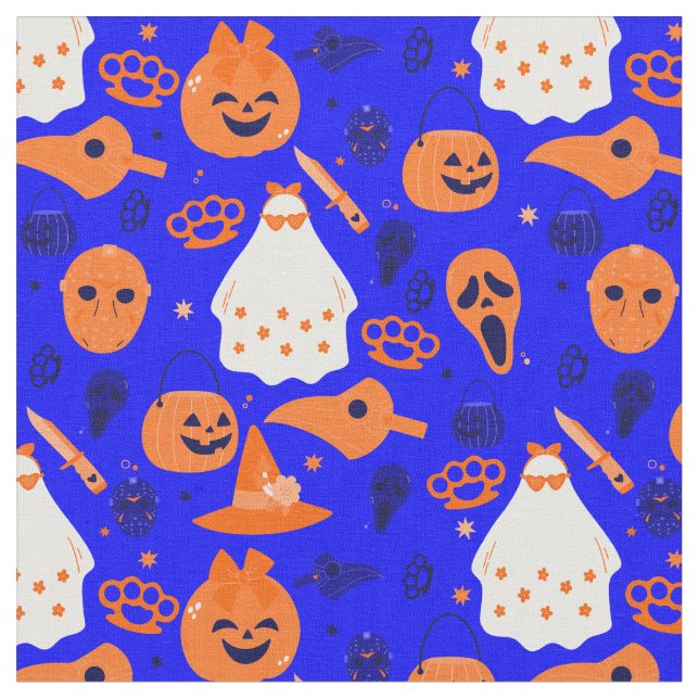 cute halloween floral ghost blue orange fabric (Close Up)