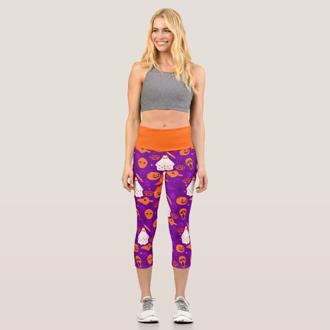 cute halloween floral ghost orange capri leggings (Front)
