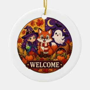 Cute Halloween Fox Witch Ghost Fall Autumn Welcome Ceramic Tree Decoration