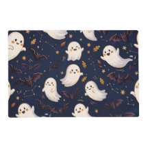 Cute Halloween Ghost and Bat Navy Blue Night