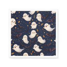 Cute Halloween Ghost and Bat Navy Blue Night