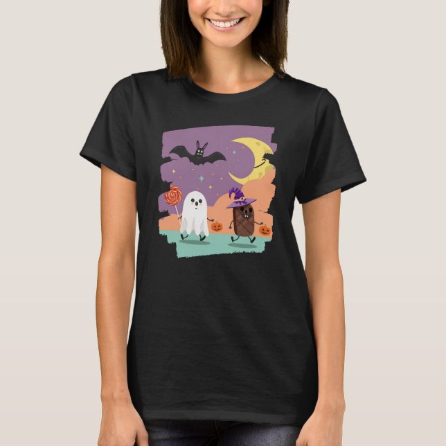 Cute Halloween Ghost and Candy Friends T-Shirt (Front)