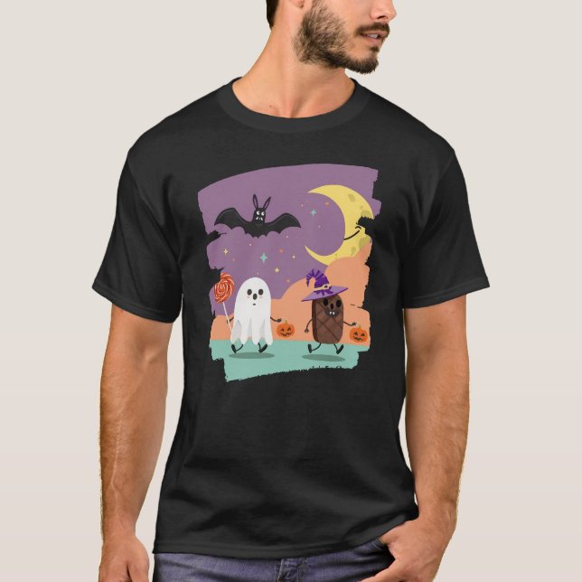Cute Halloween Ghost and Candy Friends T-Shirt (Front)