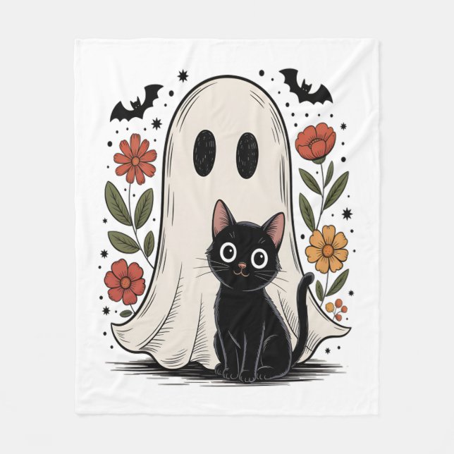 Cute Halloween Ghost and Cat Fleece Blanket (Front)