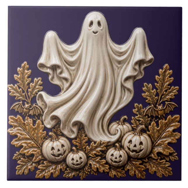 Cute Halloween Ghost and Jack O Lanterns Tile (Front)