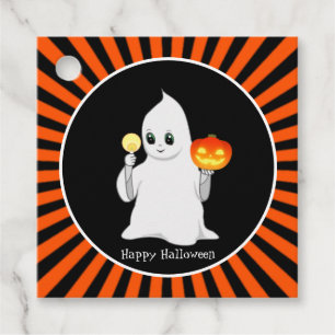 Cute Halloween ghost and pumpkin on black & orange Favour Tags
