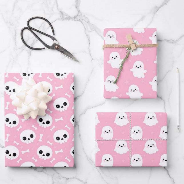 Cute Halloween Ghost and Skulls Patterns Wrapping Paper Sheet (Front)
