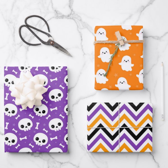 Cute Halloween Ghost and Skulls Patterns Wrapping Paper Sheet (Front)
