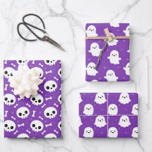 Cute Halloween Ghost and Skulls Patterns Wrapping Paper Sheet