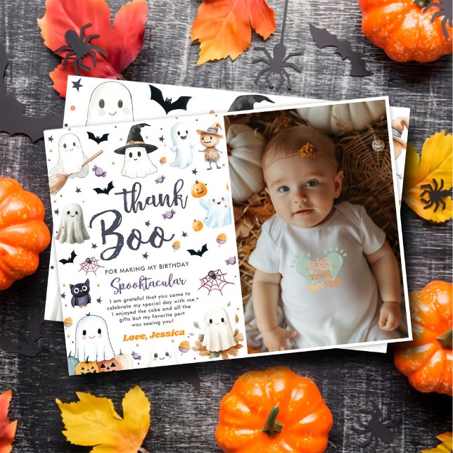 Cute Halloween Ghost Birthday Party Photo Thank You Card (Creator Uploaded)