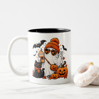 Cute Halloween Ghost & Black Cat – Spooky Autumn Two-Tone Coffee Mug