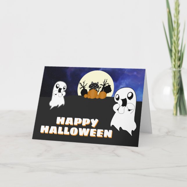 Cute Halloween Ghost Black Cat Spooky Card (Front)